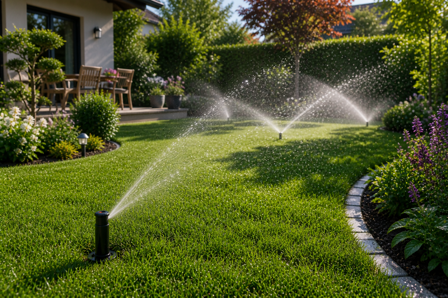 Gartenbewässerung mit Versenkregnern und automatischer Steuerung