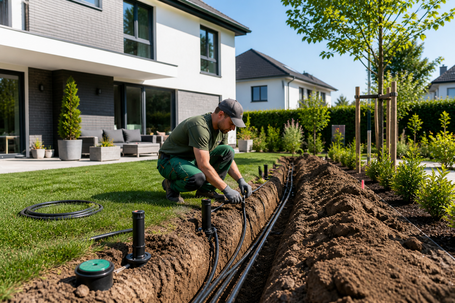 Verlegung einer automatischen Bewässerungsanlage im Garten