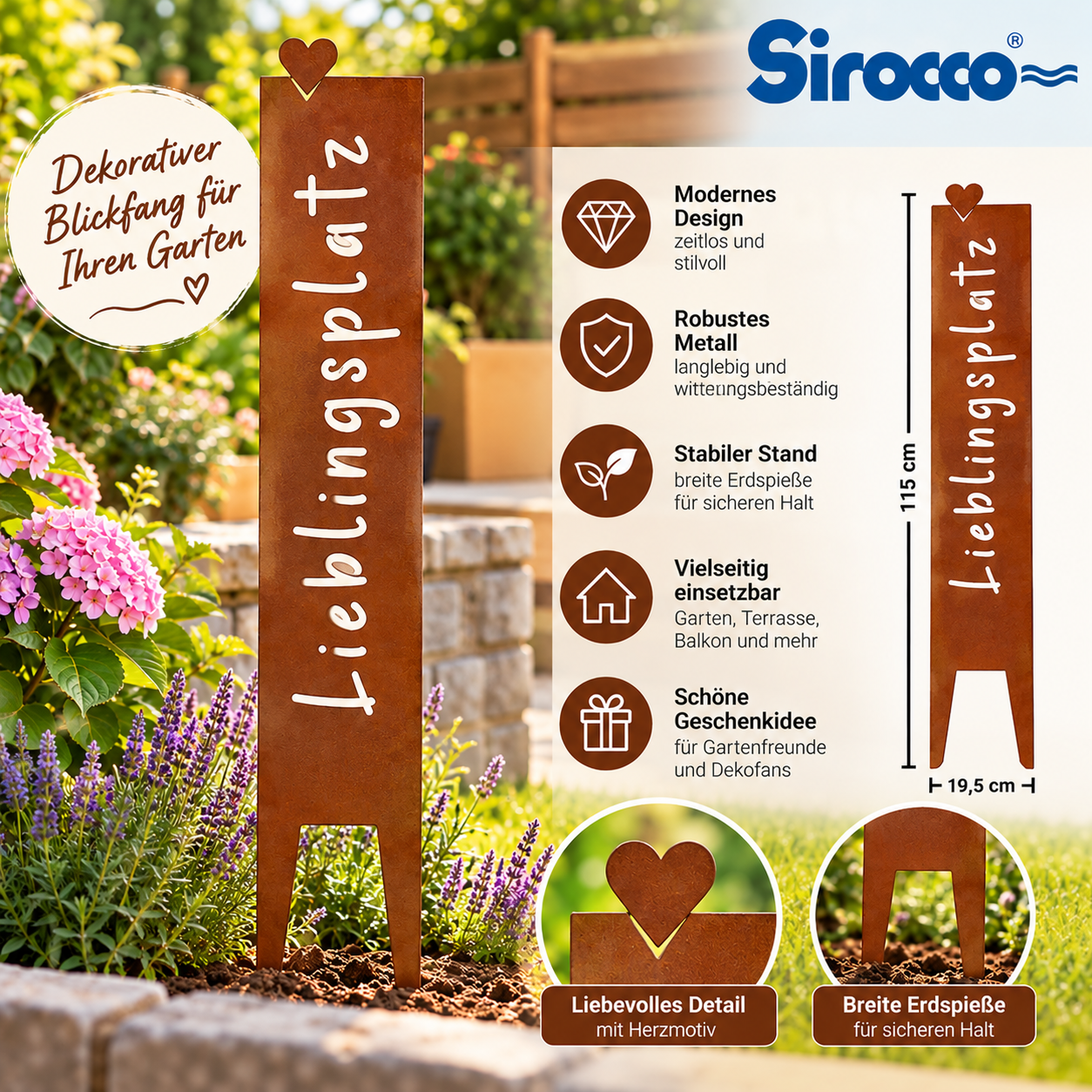 Sirocco Gartenstecker Metallschild Lieblingsplatz rostoptik 115cm Gartendeko – Bild 2