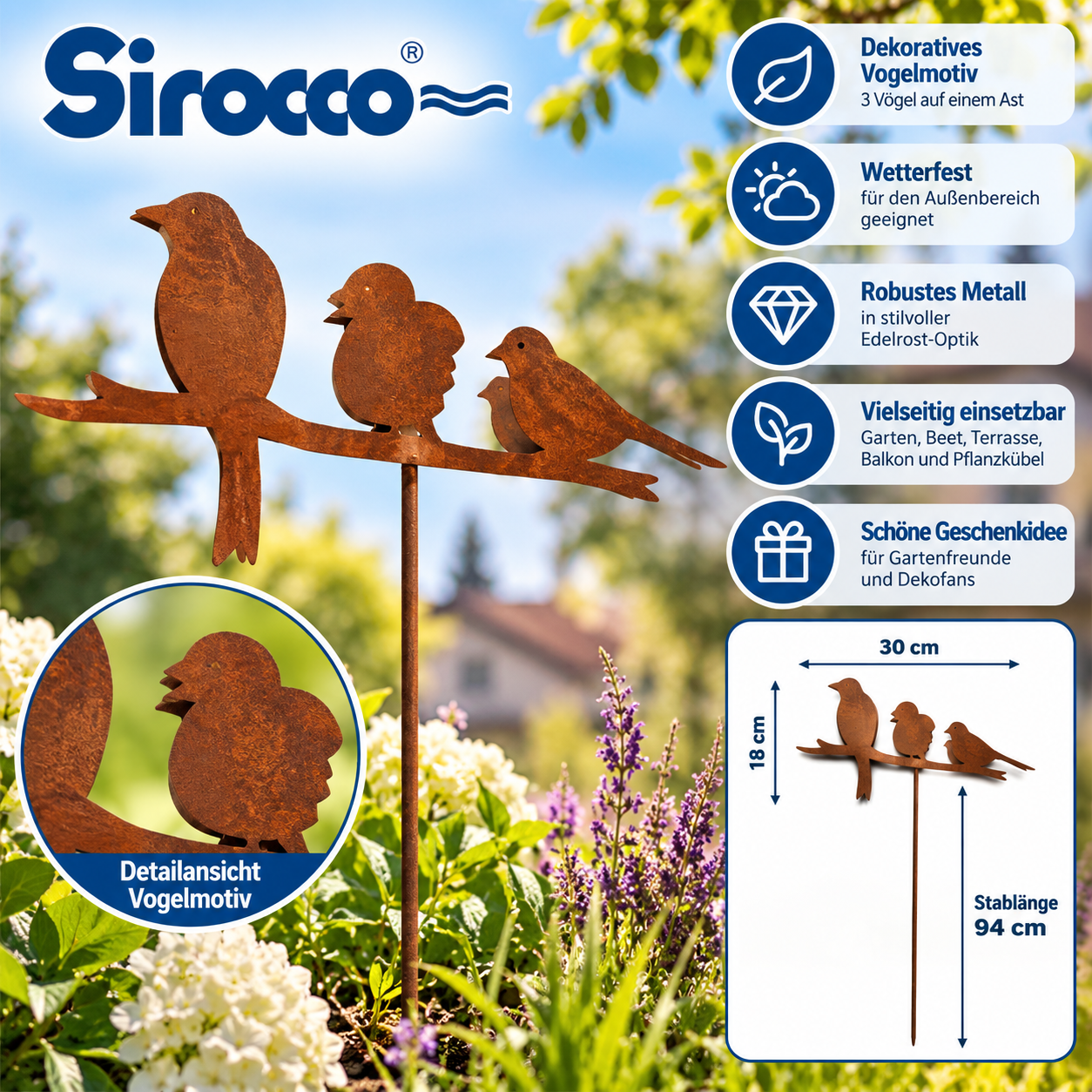 Sirocco Gartenstecker Dekostecker Rost 3 Vögel – Bild 2
